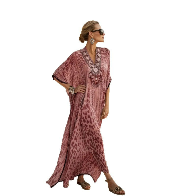 Women Boho Abstract Print V Neck Batwing Loose Kaftan Maxi Beach Dress