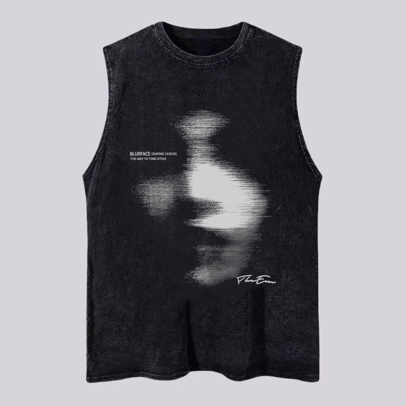 Vintage Washed Cotton Tank Men Graphic Print Loose Sleeveless Vest