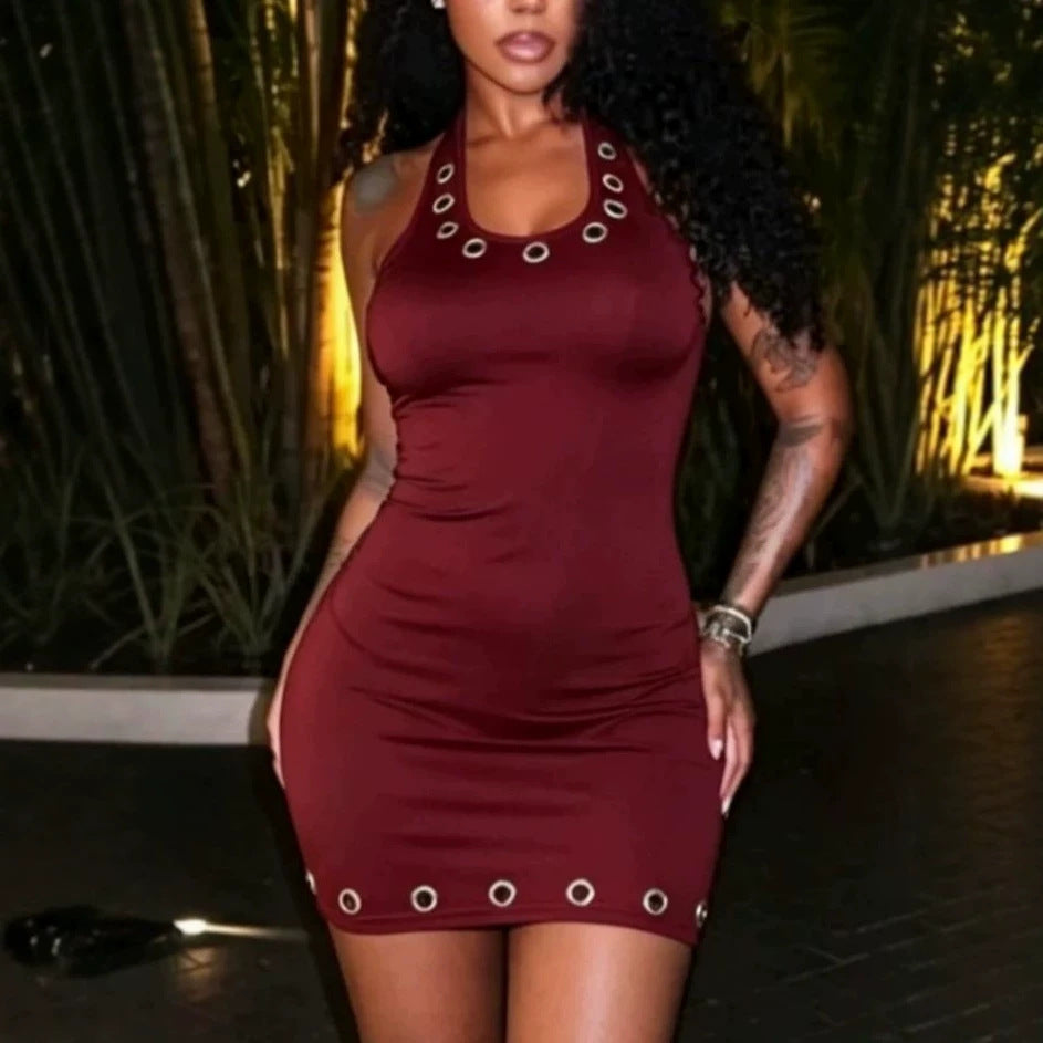 Eyelet Halter Backless Bodycon Mini Dress Women High Stretch