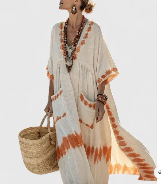 Women Boho Striped V Neck Patch Pocket Loose Kaftan Maxi Beach Dress