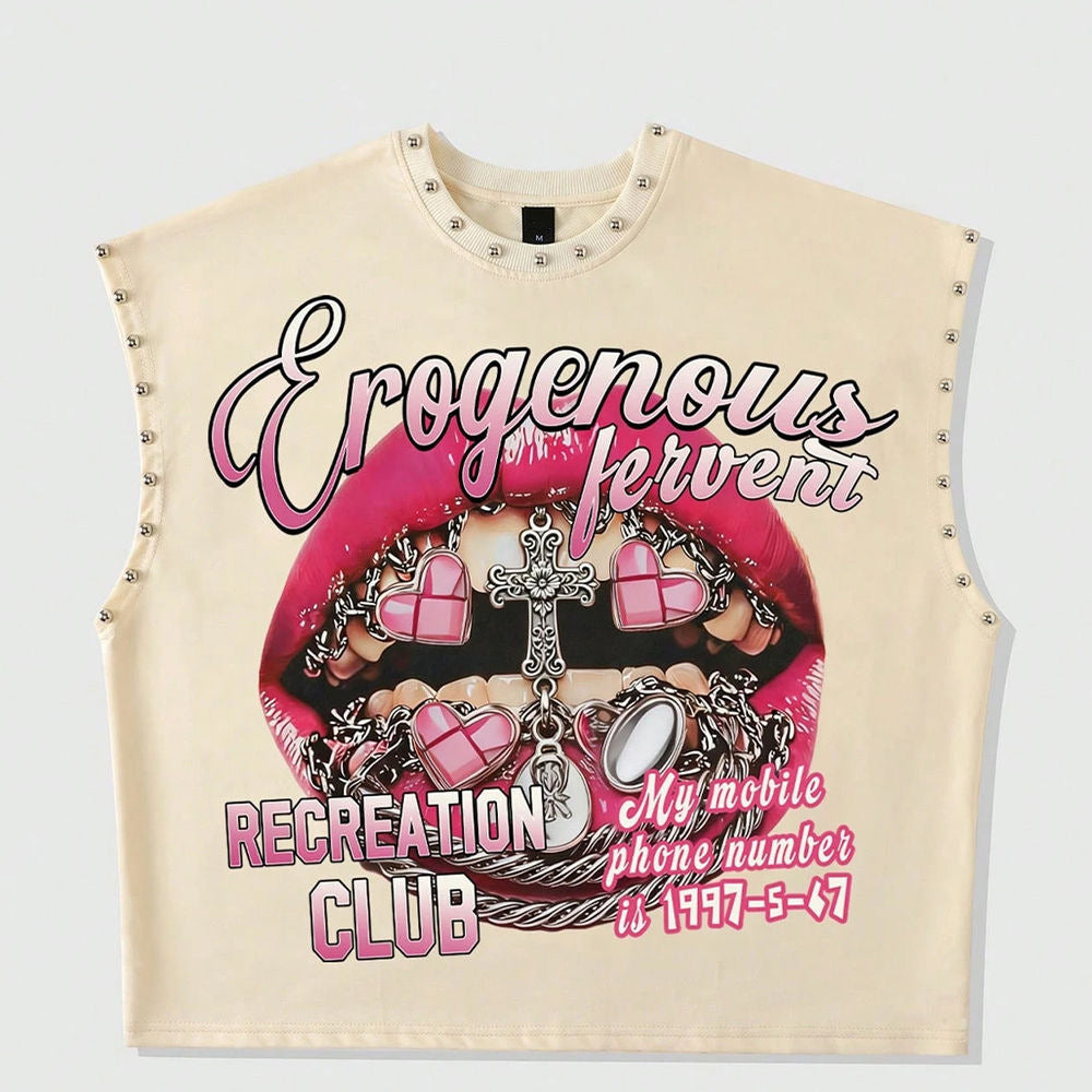 Vintage Letter Number Graphic Rivet Sleeveless Loose Vest Top Women