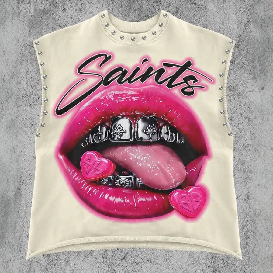 Vintage Multi Graphic Rivet Sleeveless Crop Tank Top