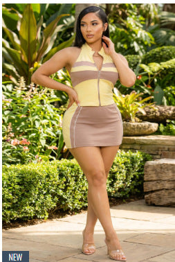 Color Block Zip Front Halter Crop Top Mini Skirt 2 Piece Set Women