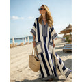 Women Boho Striped V Neck Open Front Loose Kaftan Maxi Beach Dress