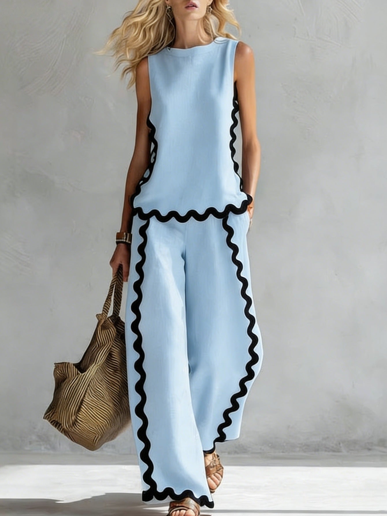 Boho Floral Trim Sleeveless Wide Leg Two Piece Set