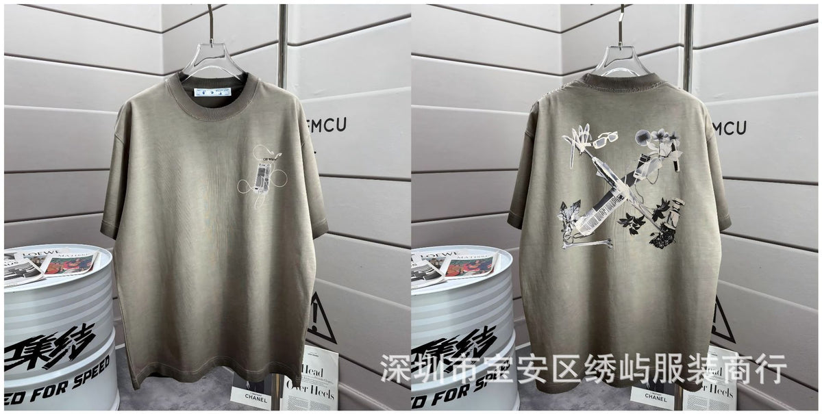 Off-White Washed Distressed Crew Neck Short Sleeve T Shirt Unisex