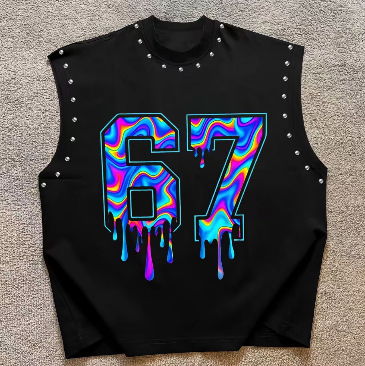 Vintage Letter Number Graphic Rivet Sleeveless Loose Vest Top Women