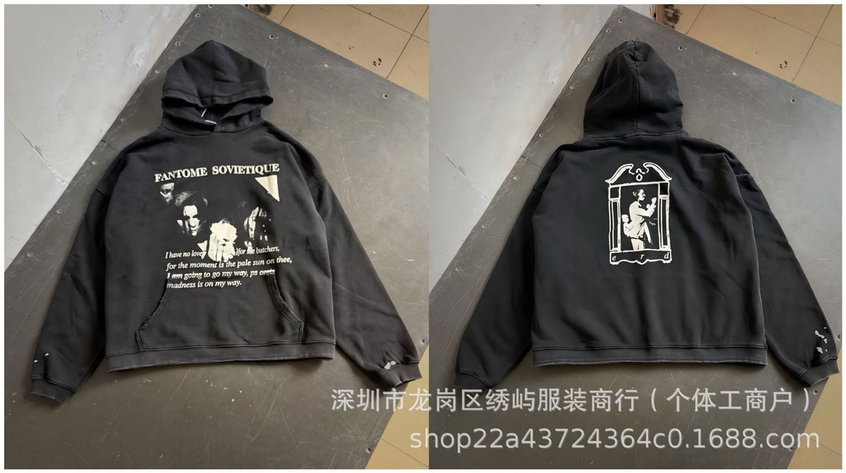 ERD Distressed Photo Letter Print Hoodie Vintage Cotton Pullover