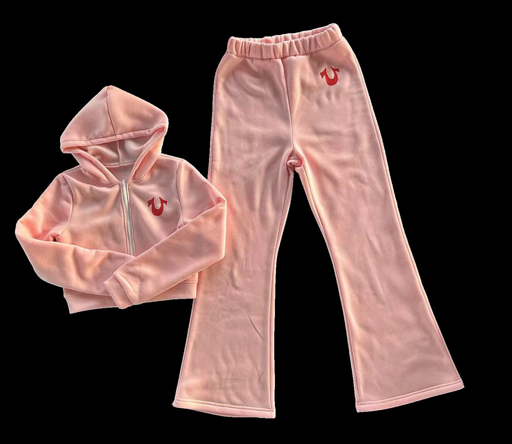Y2K True Religion Horseshoe Logo Zip Crop Hoodie Flare Pant 2 Piece Set