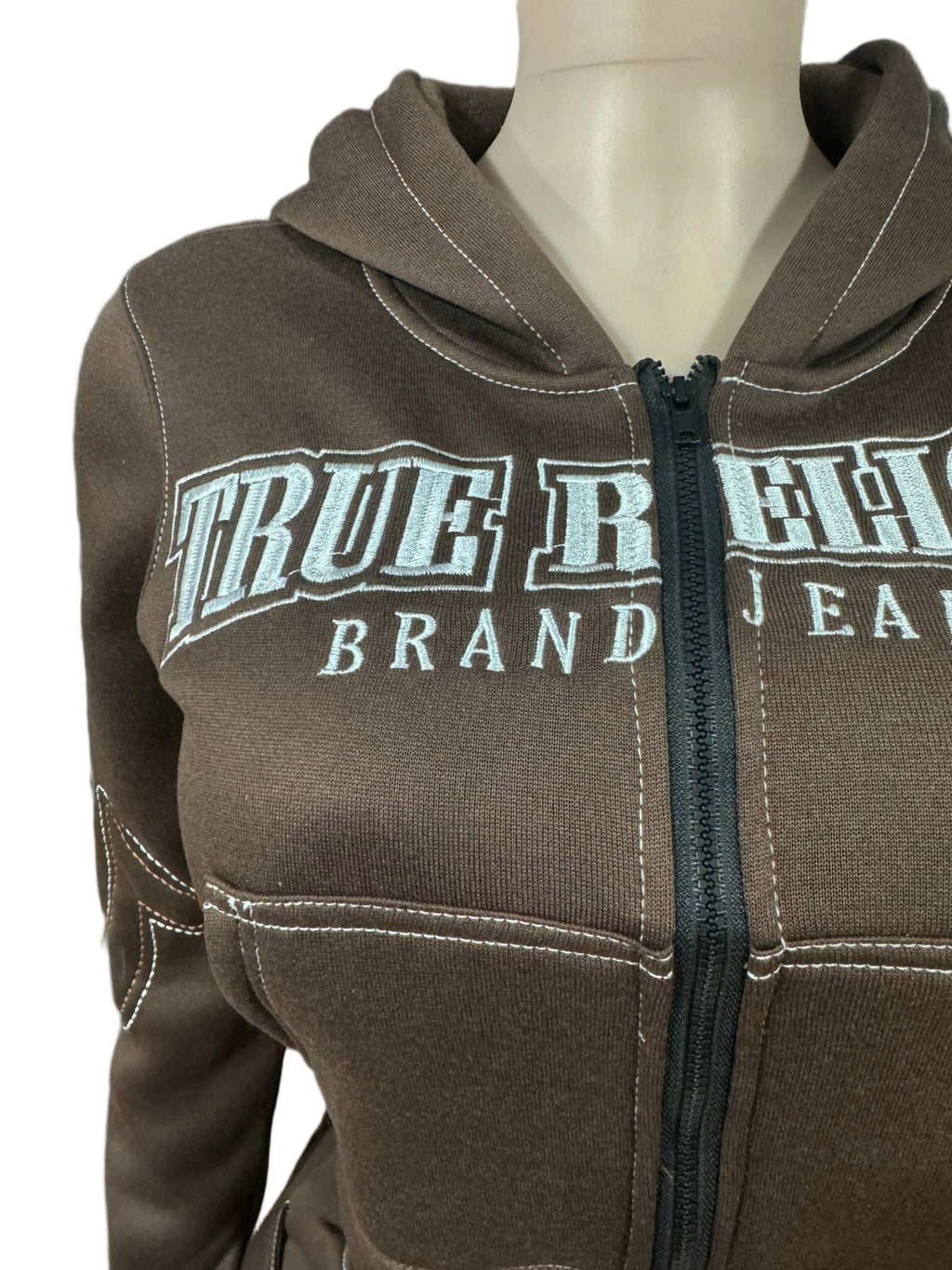 True Religion Stitch Embroidered Zip Crop Hoodie Flare Pants Tracksuit Set