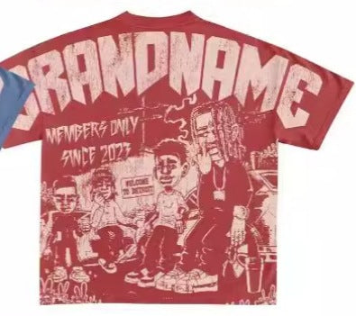 Y2K Hip-Hop Cartoon Portrait Oversized Vintage Baumwoll-T-Shirt im Members-Only-Stil