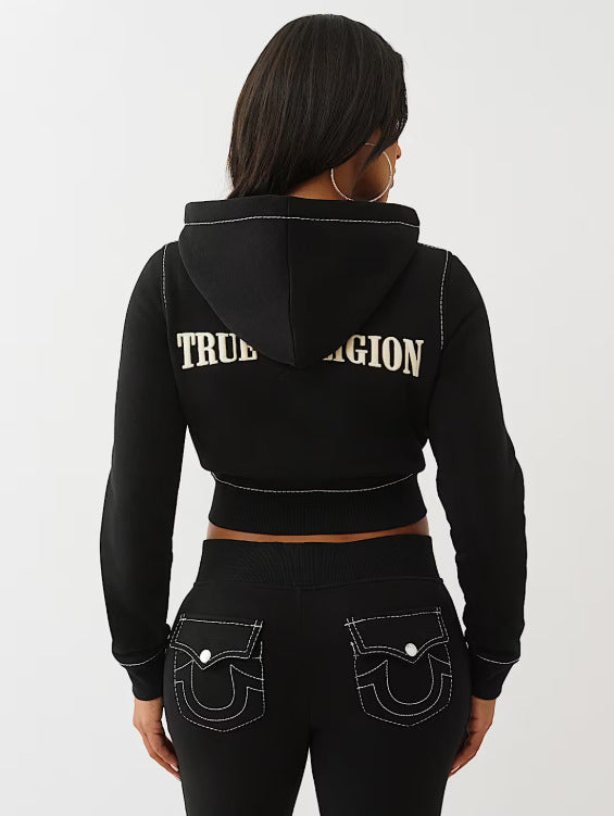 Y2K True Religion Contrast Stitch Embroidery Crop Hoodie 2 Piece Set