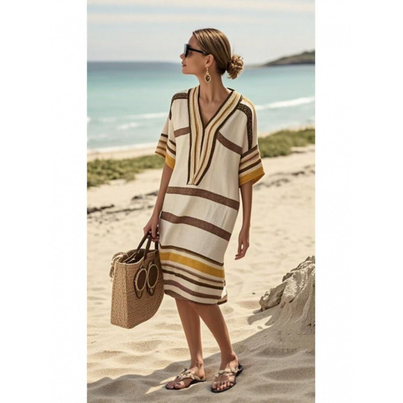 Women Boho Striped V Neck Loose Kaftan Midi Beach Dress