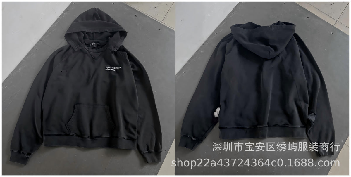 ERD Distressed Photo Letter Print Hoodie Vintage Cotton Pullover
