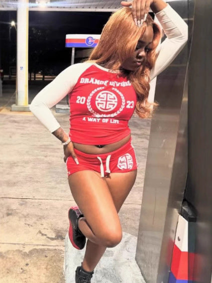Dranoe Division Letter Print Raglan Crop Top Shorts 2 Piece Set Women