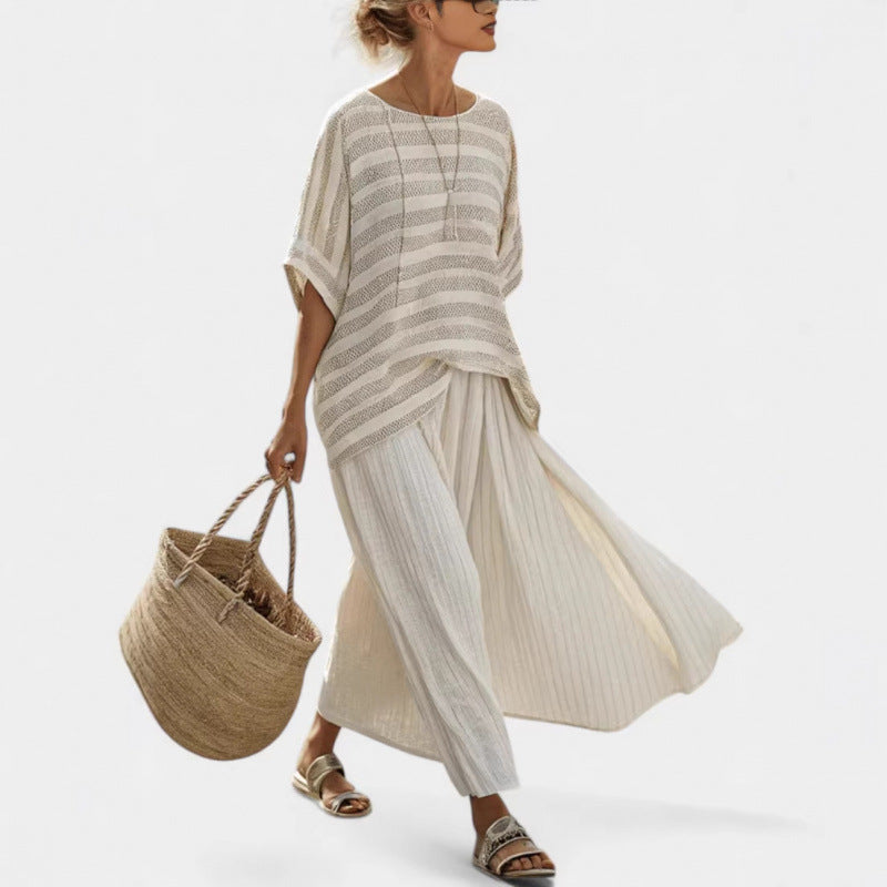 Women European Boho Striped Plus Size Loose Kaftan Beach Vacation Set