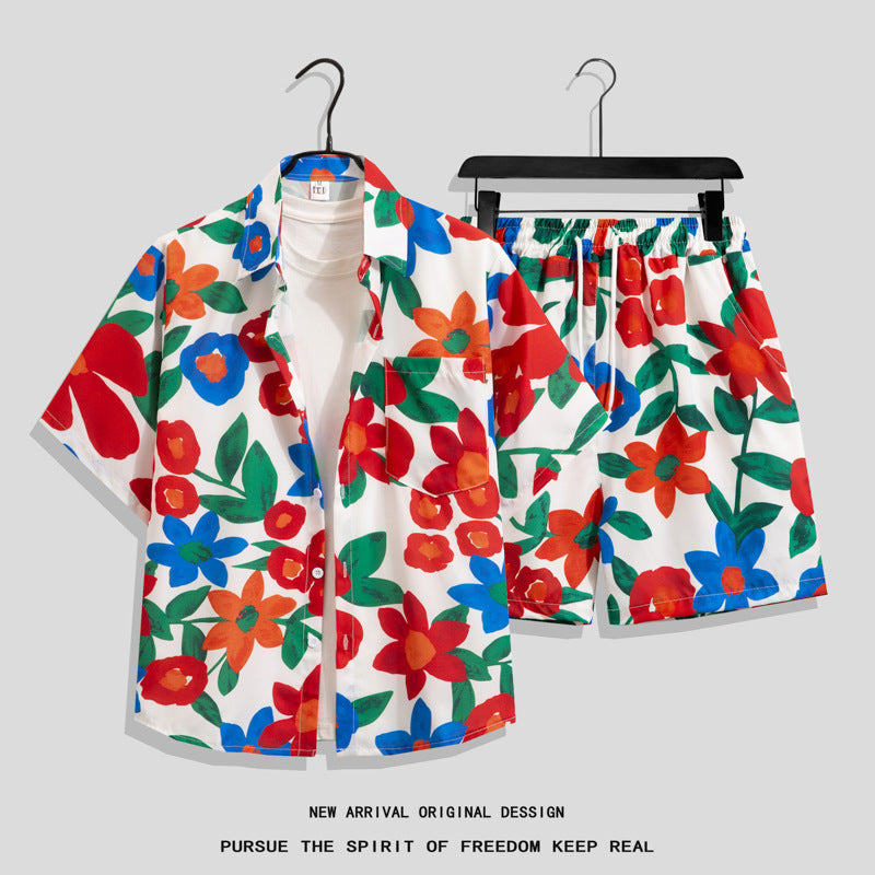 Ice Silk Quick Dry Couple Floral Loose Beach Shirt Shorts Set T3601-T3630