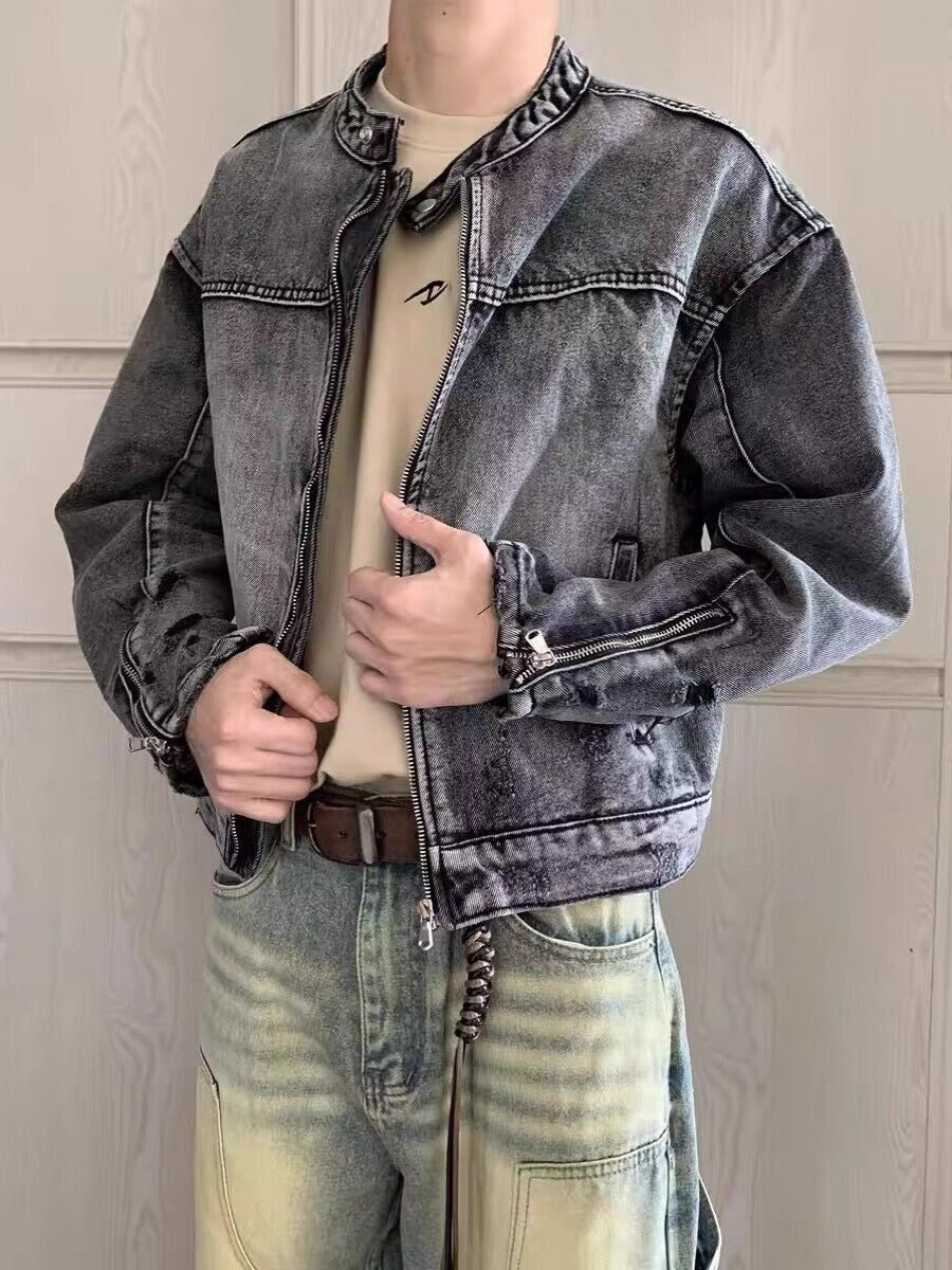 Y2K Vintage Washed Spliced Denim Zip‑Up Jacket Streetwear Unisex