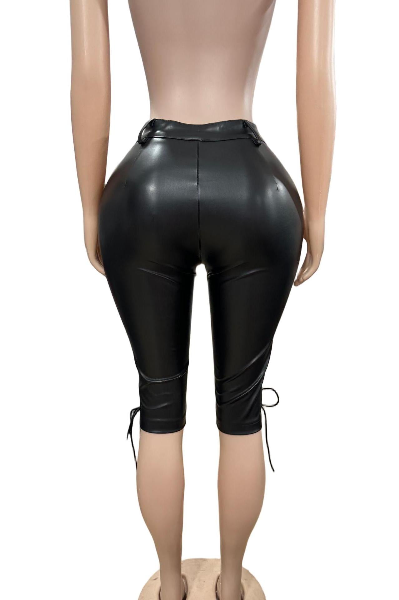 Lace Up Faux Leather Capri Skinny Pants