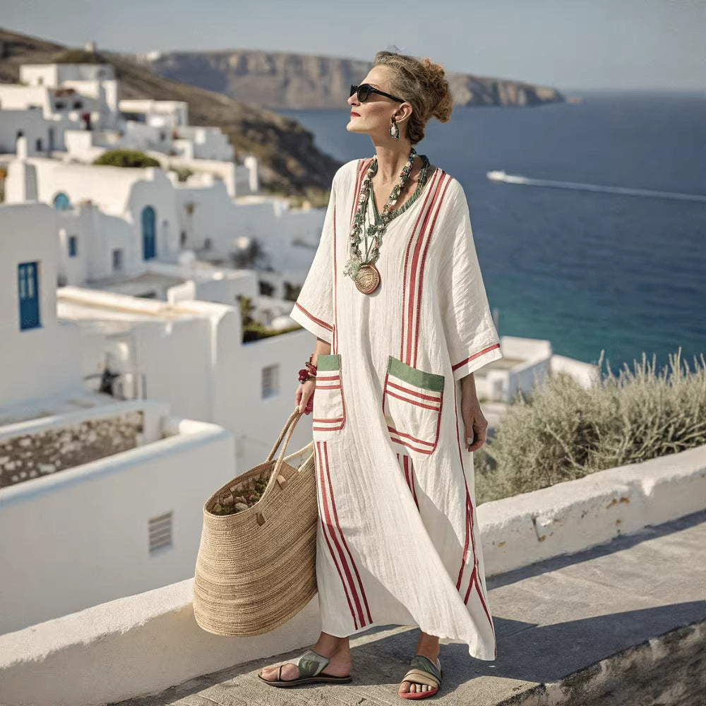 Women Boho Striped V Neck Patch Pocket Loose Kaftan Maxi Beach Dress