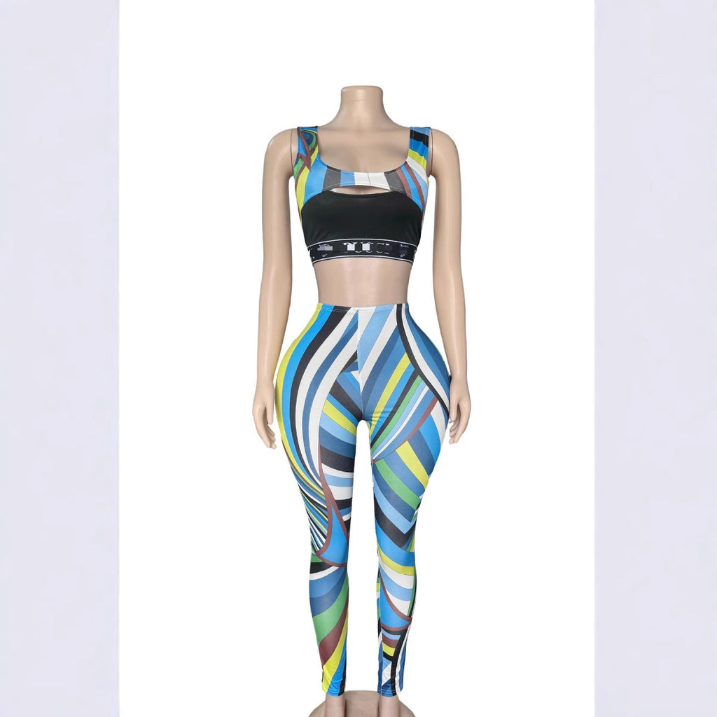 Abstract Print Sleeveless Crop Top Leggings 2 Piece Set