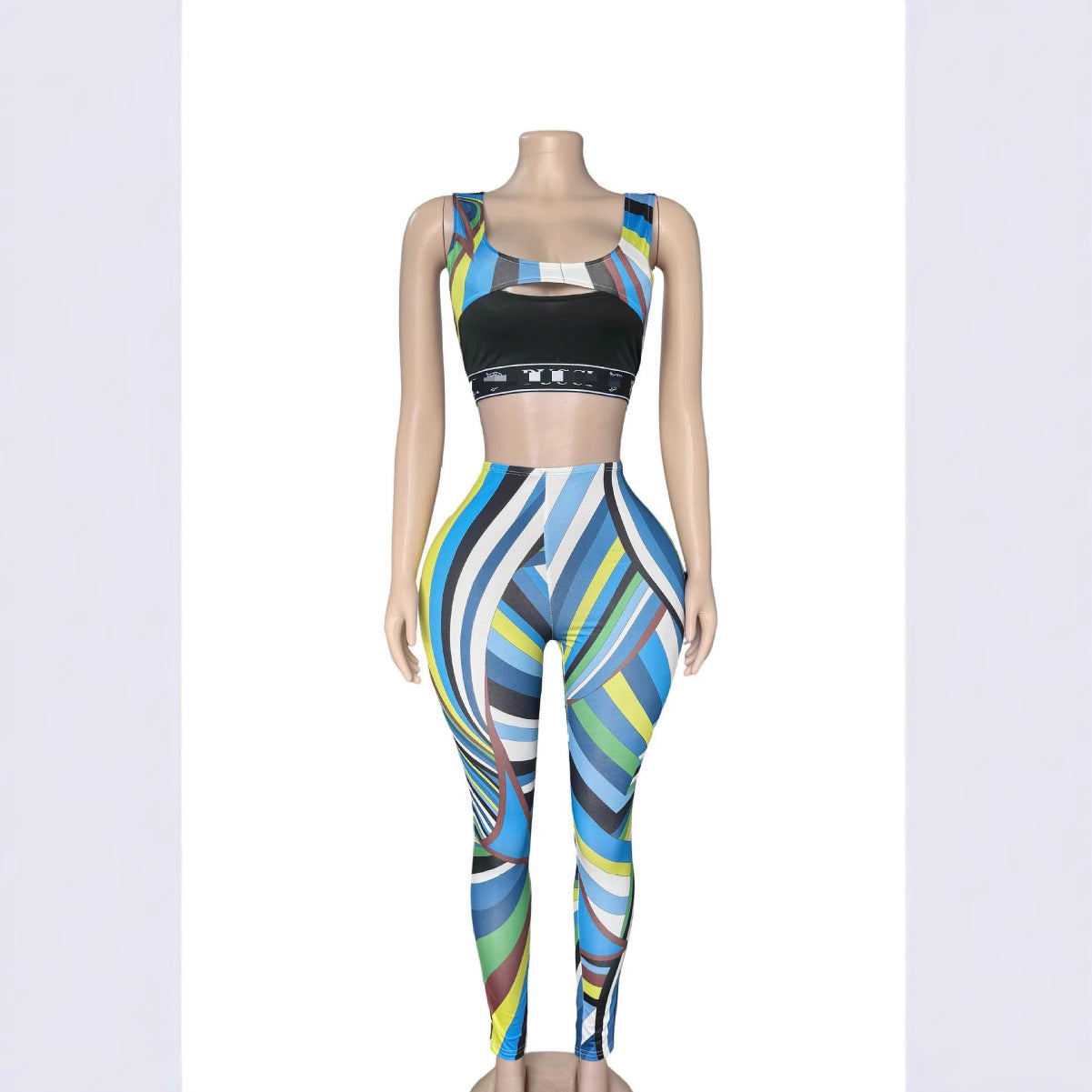 Abstract Print Sleeveless Crop Top Leggings 2 Piece Set