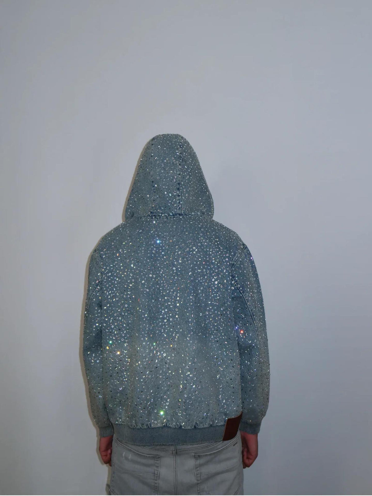 Rhinestone Denim Hooded Jacket Full Crystal Zip Up Unisex