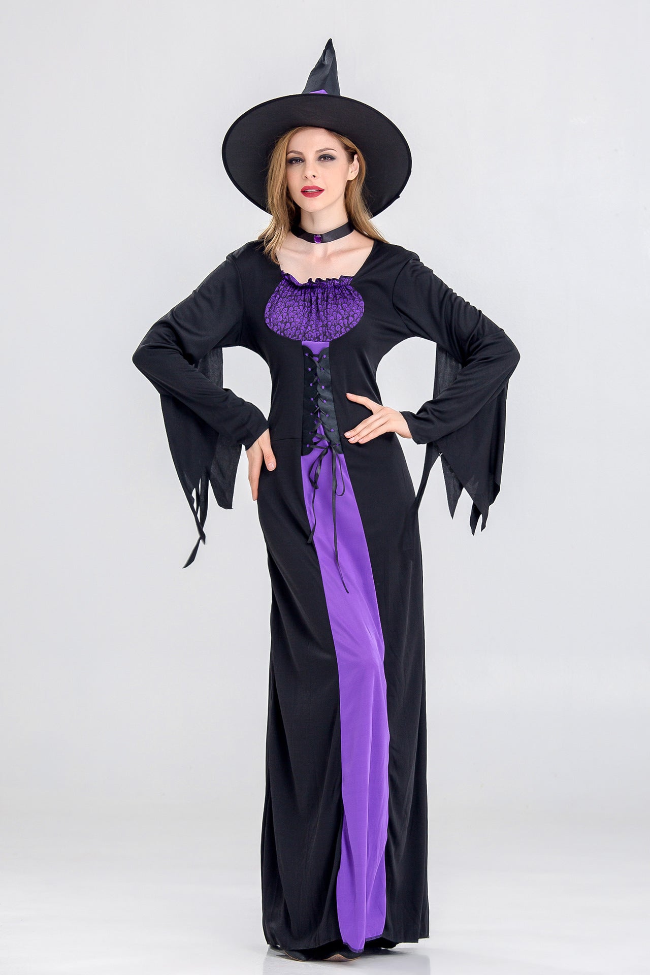 Halloween Women Purple Black Witch Cosplay Long Dress With Hat/Choker