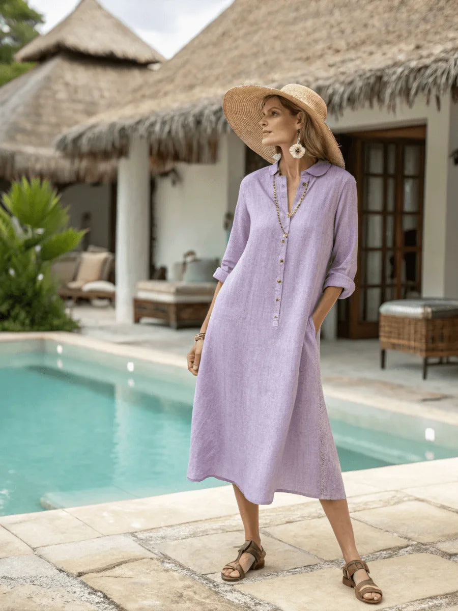 Women Boho Vertical Striped Collared Button Front Slit Loose Maxi Beach Dress