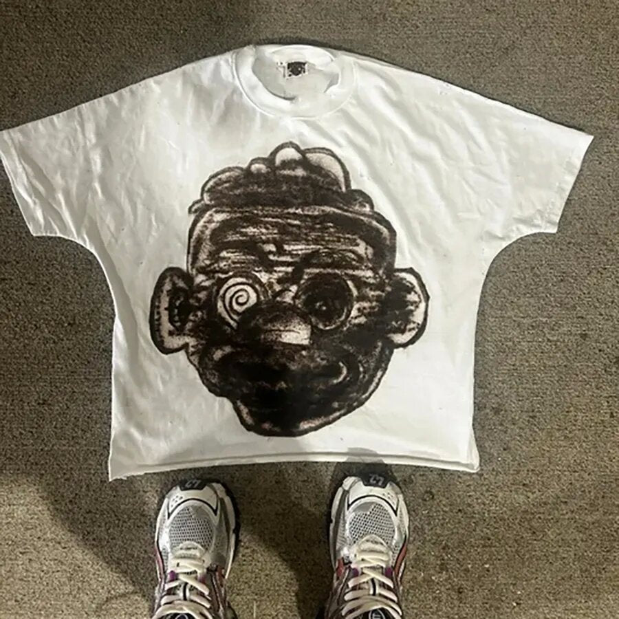 T-Shirt mit Oversized-Vintage-Schnitt und Y2K-Horror-Cartoon-Porträt im Delinquent-Stil aus Baumwolle