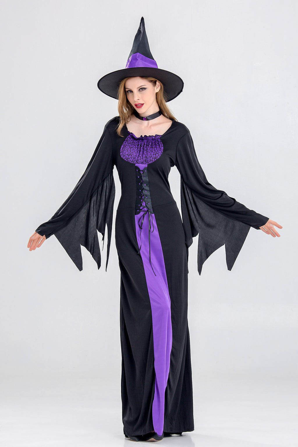 Halloween Women Purple Black Witch Cosplay Long Dress With Hat/Choker