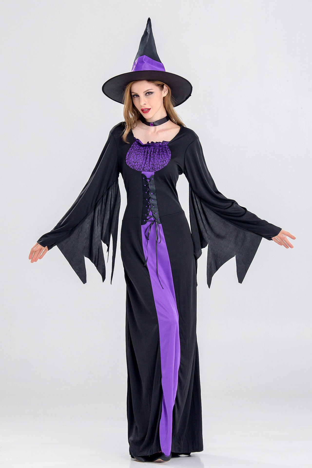 Halloween Women Purple Black Witch Cosplay Long Dress With Hat/Choker