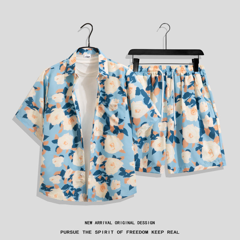 Ice Silk Quick Dry Couple Floral Loose Beach Shirt Shorts Set T3601-T3630