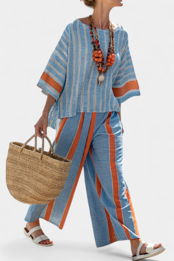 Women European Boho Striped Plus Size Loose Kaftan Beach Vacation Set