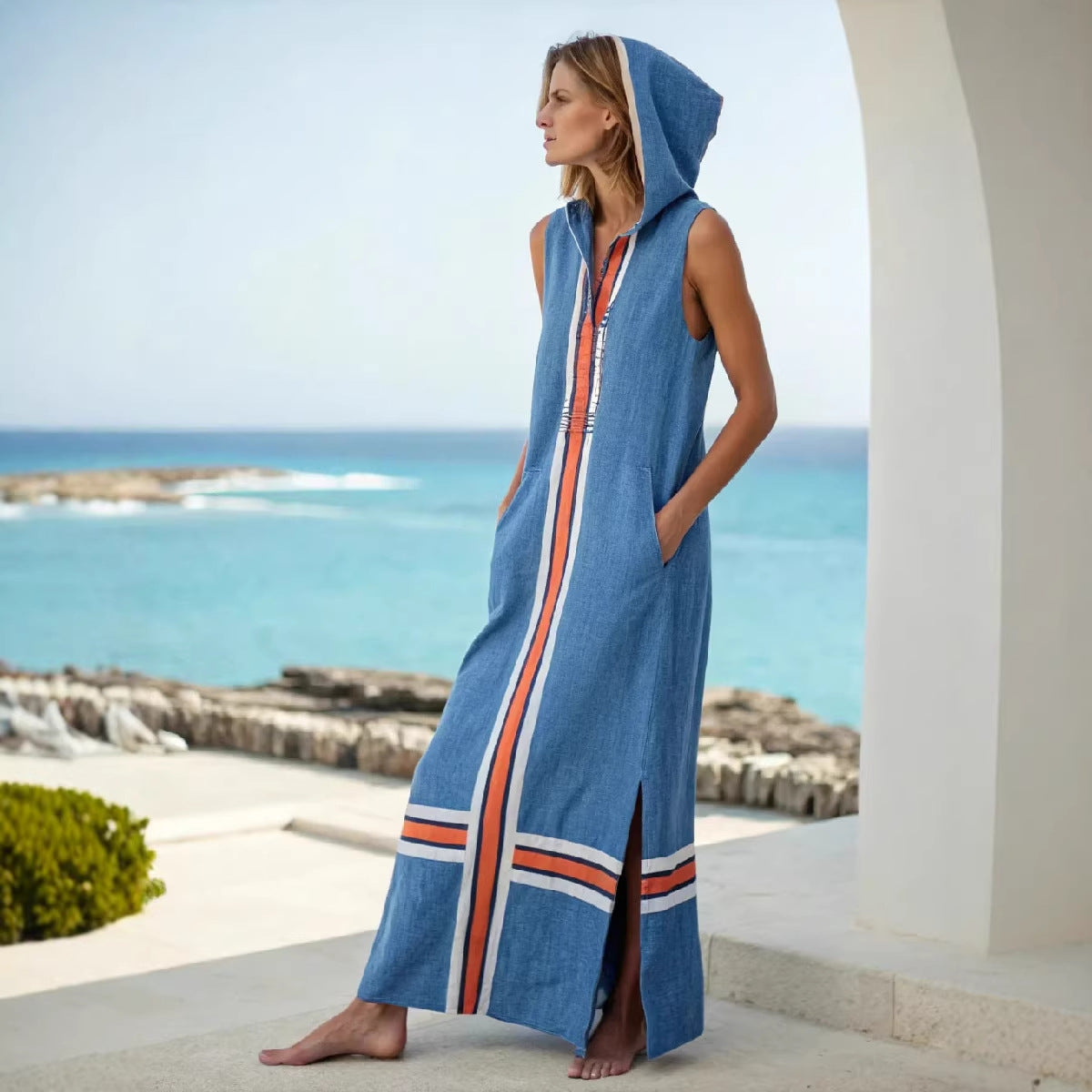 Women Boho Striped Hooded Sleeveless Slit Pocket Kaftan Maxi Beach Dress