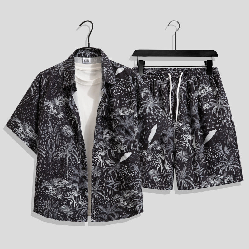 Ice Silk Quick Dry Couple Floral Loose Beach Shirt Shorts Set T3601-T3630