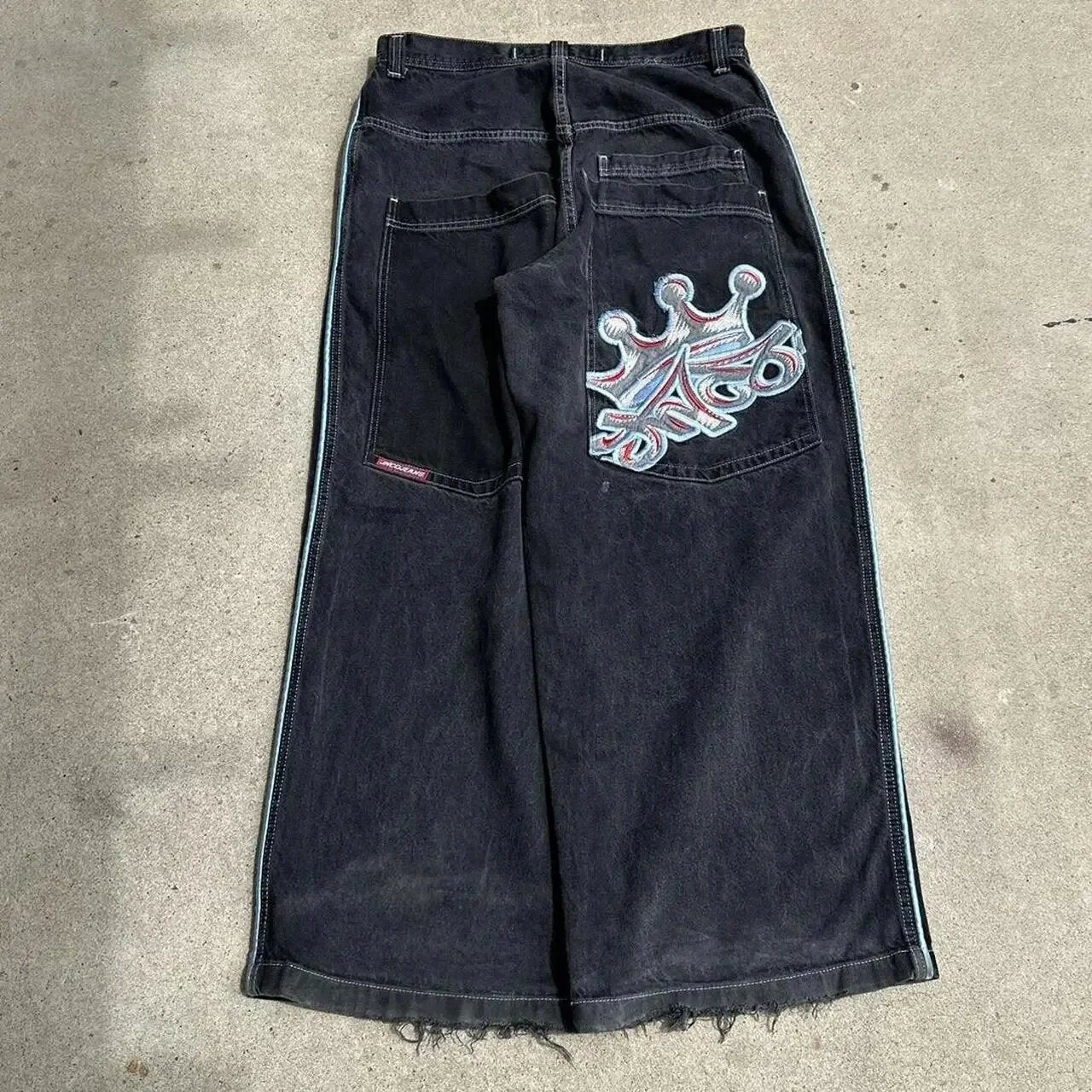 JNCO Style Y2K Baggy Jeans Drachen- & Poker-Stickerei Streetwear Denim-Hose