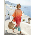 Women Boho Gradient Print Round Neck Batwing Loose Beach Two Piece Set