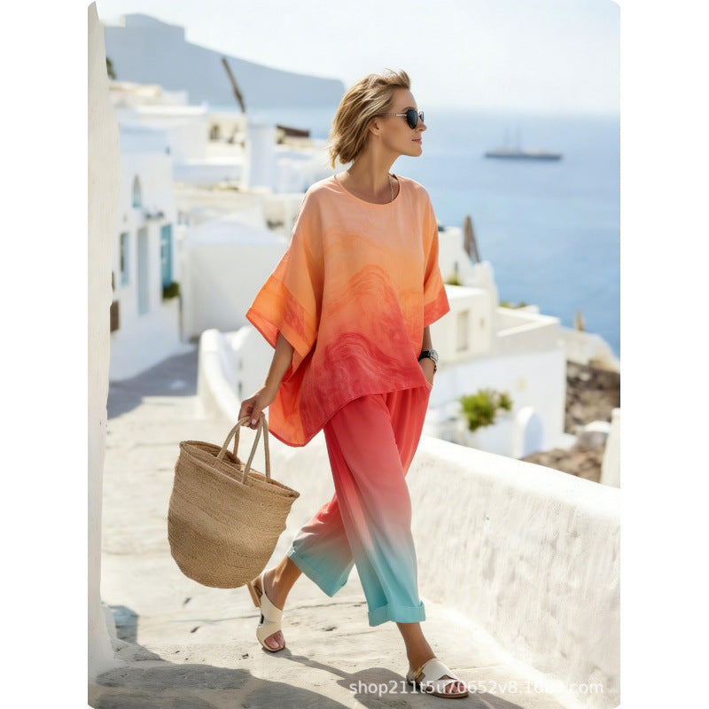 Women Boho Gradient Print Round Neck Batwing Loose Beach Two Piece Set