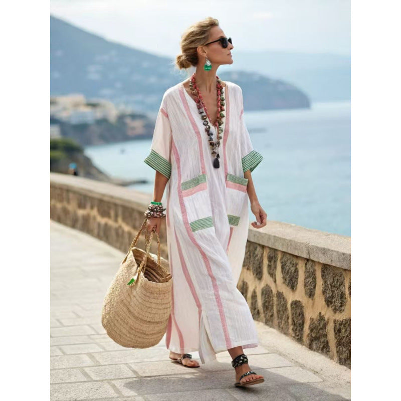 Women Boho Striped Embroidery V Neck Loose Kaftan Maxi Beach Dress