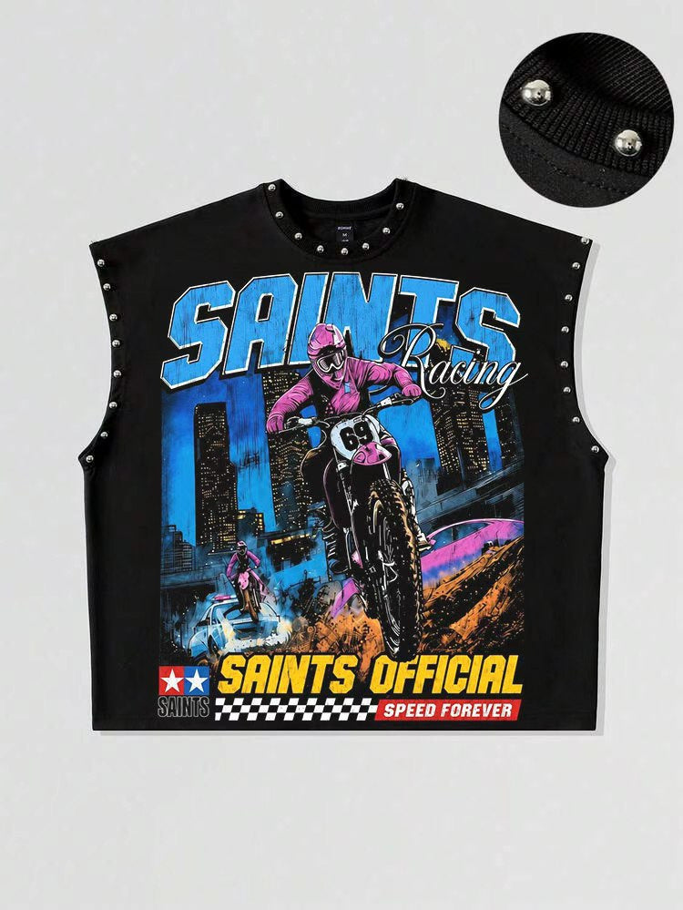Number Graphic Rivet Sleeveless Loose Vest Top Women