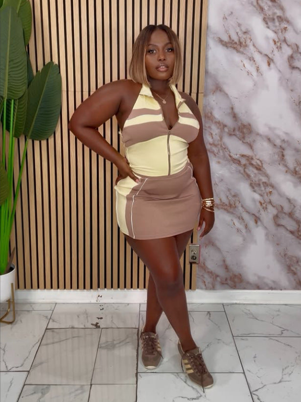 Color Block Zip Front Halter Crop Top Mini Skirt 2 Piece Set Women
