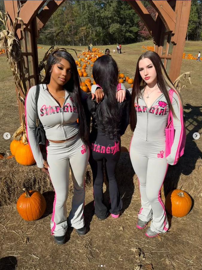 StarGirl Print Zip Up Hooded Crop Top Flare Pants 2 Piece Tracksuit Women