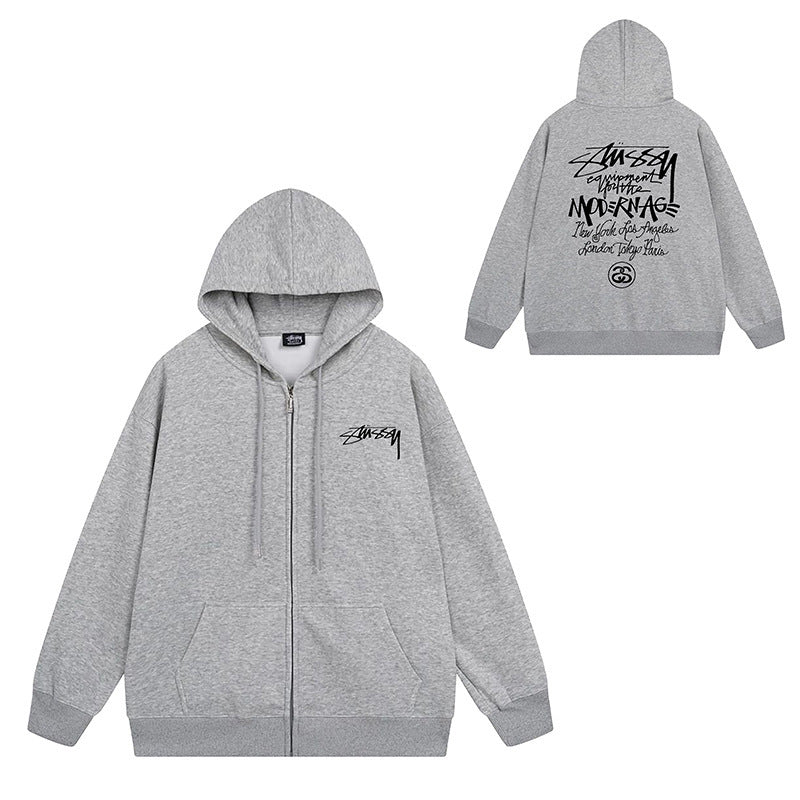Stussy Graphic Zip Up Hoodie Letter Streetwear Casual Pullover Jacket
