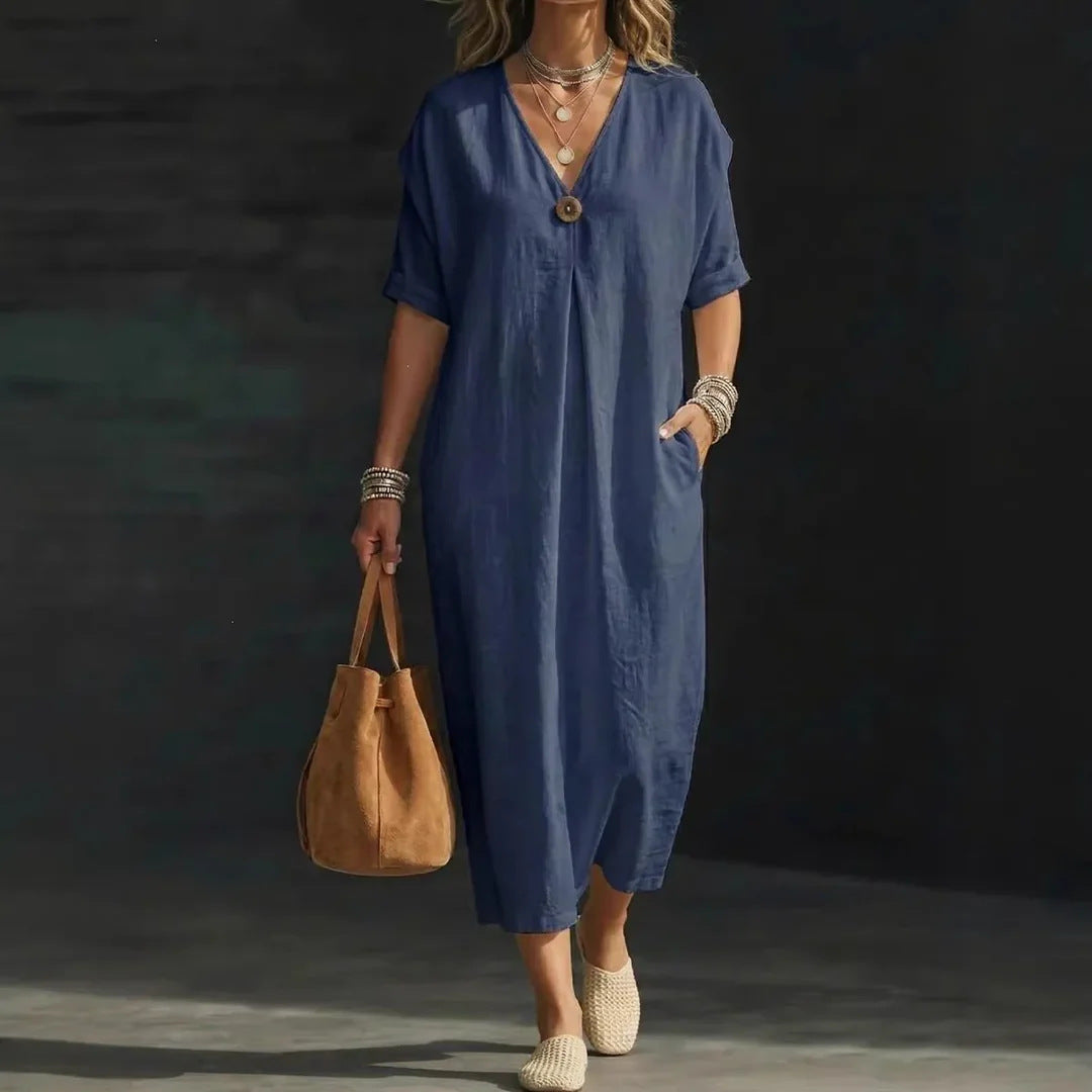 Women Boho Floral Border Print V Neck Loose Kaftan Maxi Beach Dress