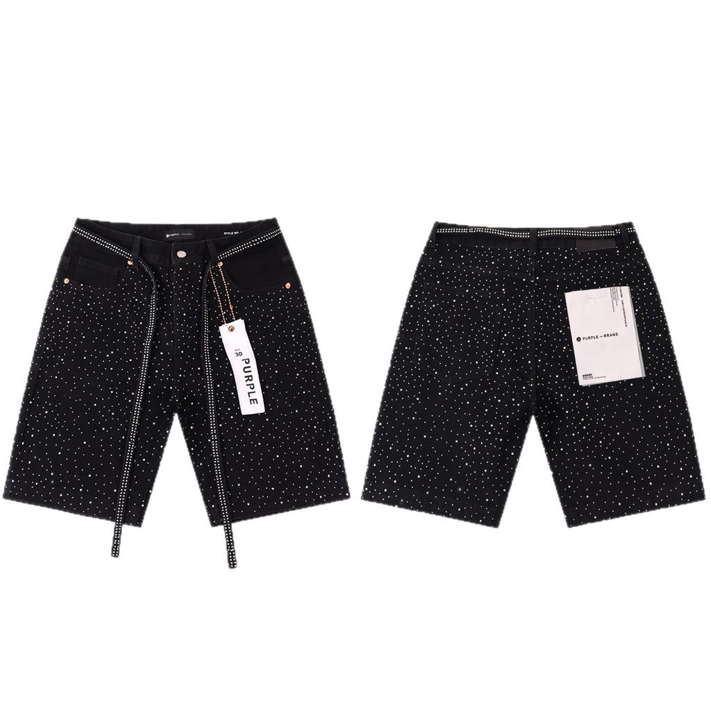 Purple Brand Rhinestone Straight‑Leg Denim Shorts Unisex