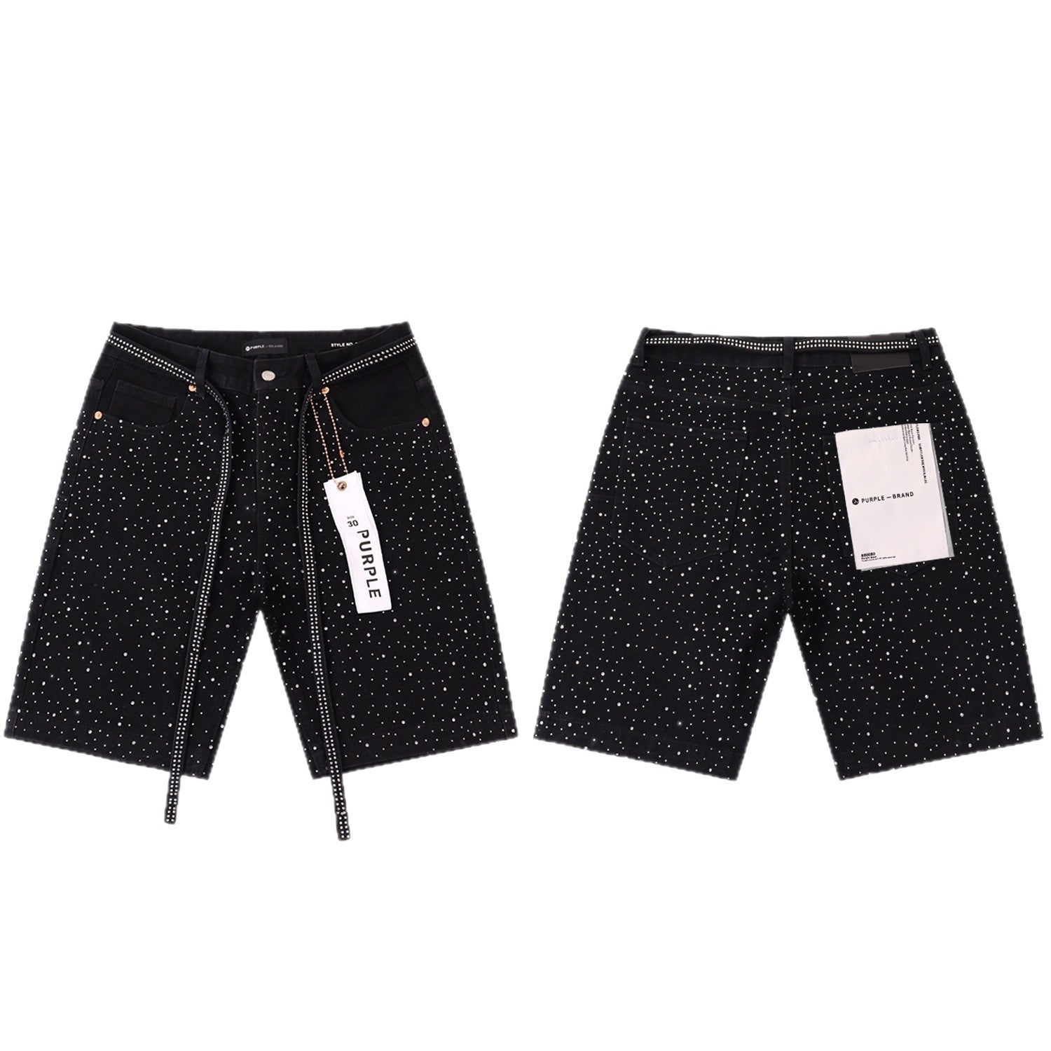 Purple Brand Rhinestone Straight‑Leg Denim Shorts Unisex