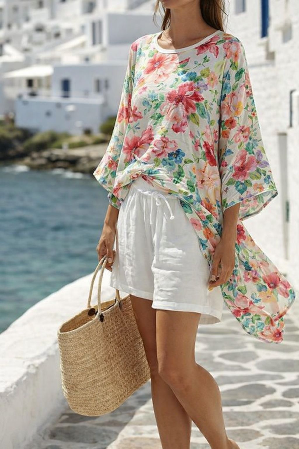 Boho Striped Batwing Beach Two Piece Short Set