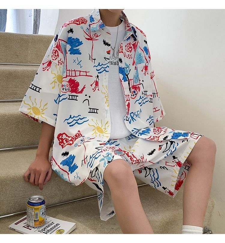 Couple Quick Dry Floral Loose Tropical Beach Shirt Shorts Set