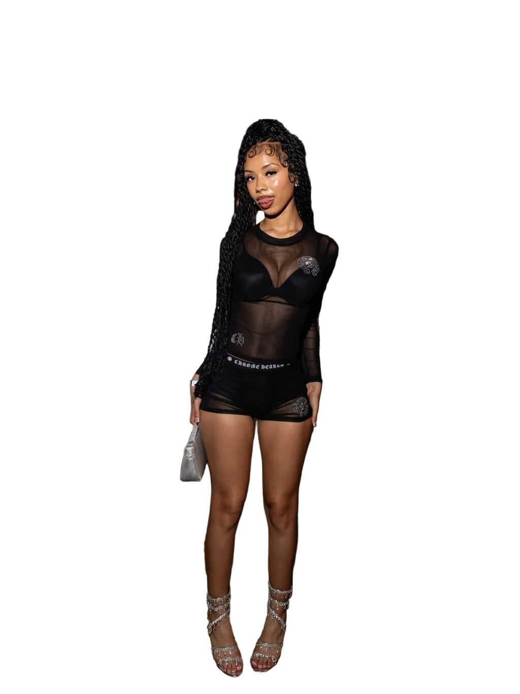 Chrome Hearts Rhinestone Mesh Long Sleeve 2 Piece Shorts Set Women